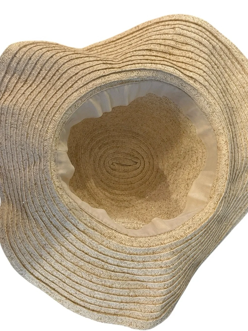 Wide‎ Brim Straw Sun Hat with Striped Bow - Beige